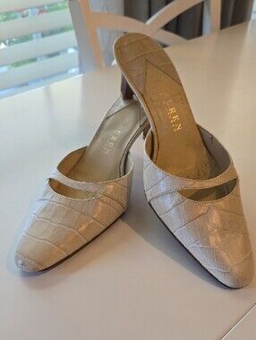 Ralph Lauren Cream Croc-Embossed Leather Mules